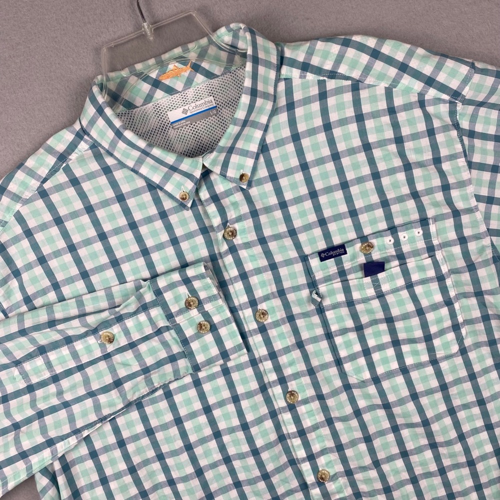 Columbia PFG Mens Large Teal Gingham Long Sleeve Vented Fishing Shirt FM4207